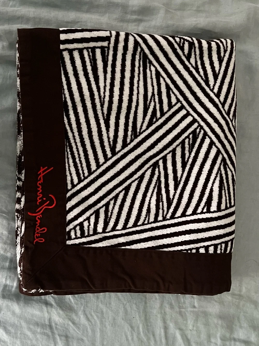 Ultra Luxury Henri bendel Brown Towel with Red Embroidered Signature RARE
